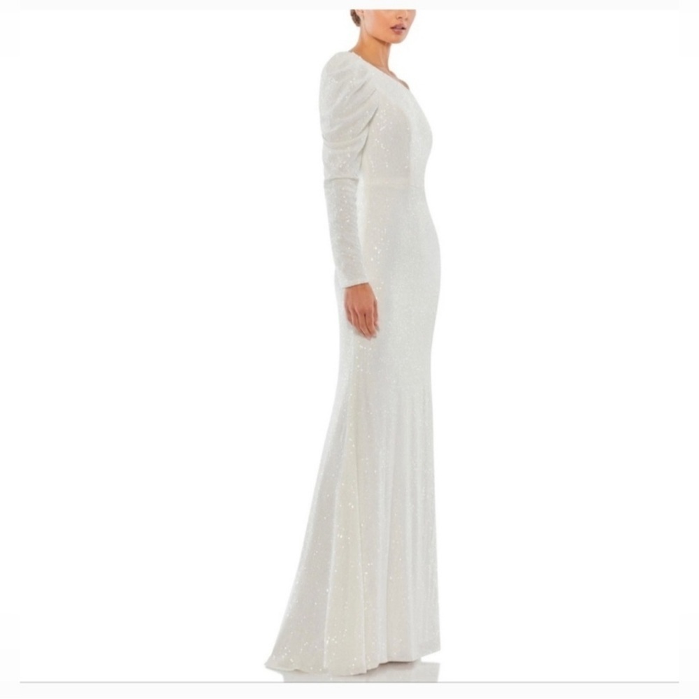 NWT Ieena for Mac Duggal White Sequined One Shoulder Trumpet Gown - Size 0 - Picture 3 of 8